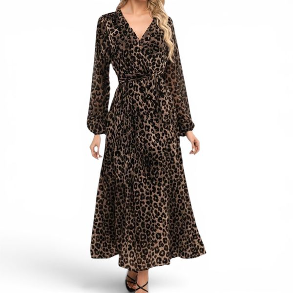 GlammeFab Long Sleeved Belted Leopard Dress Brown