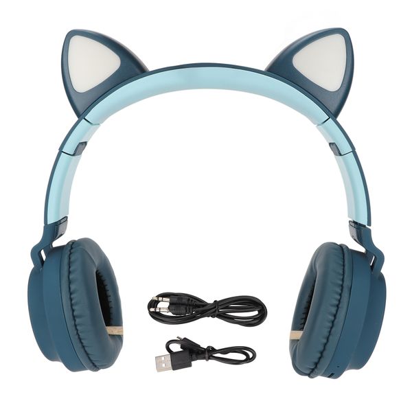 Cat Ear Gaming Headphones Deep Bass LED Light Foldable Cute Headset Blue