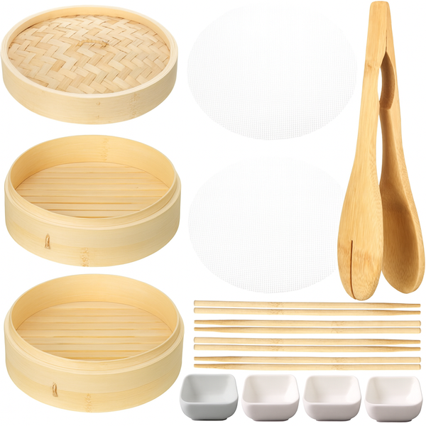 Bamboo Dumpling Steamer Set, 2 Tier 25cm Basket and Accessories, Bao and Dim Sum