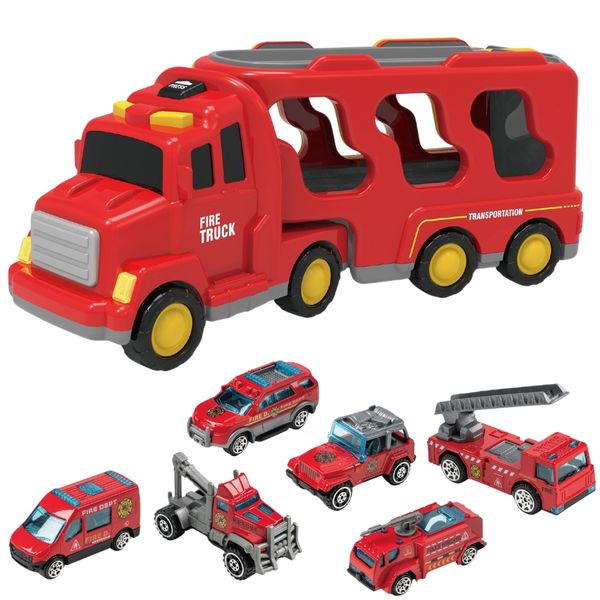 Fire Fighting Toy Truck Carrier Playset with 6 Toy Cars - Toys for Boys