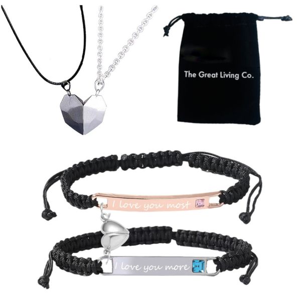Magnetic Couple Bracelets and Heart Pendant Necklace in Lux Gift Bag-Love You