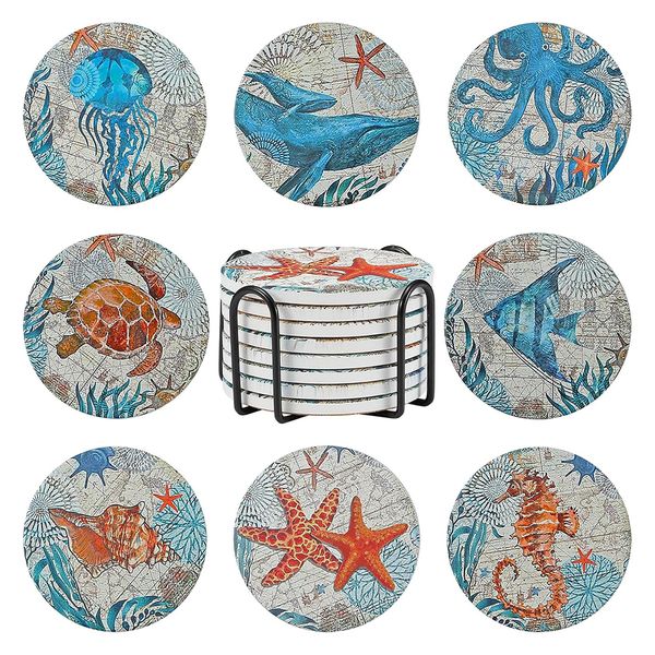 8 Pack - Nautical Wooden Coasters With Holder