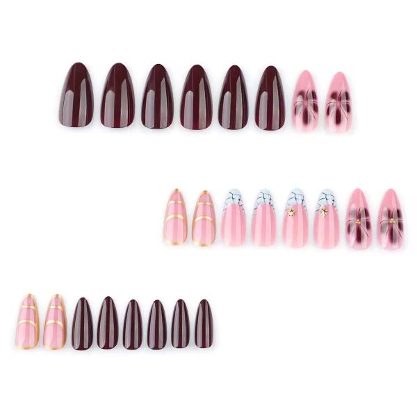 Red Press on Nails with Flowers Designs Almond Fake Nails Gold False Nails
