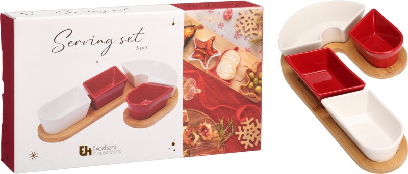 5-Piece Stoneware Serving Set - Candy Cane Design with Bamboo Board