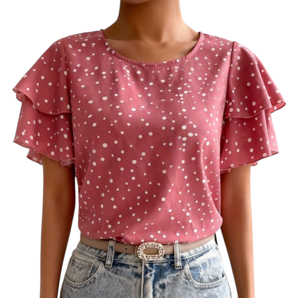Women's Layered Short Sleeve Blouse - Polka Dot
