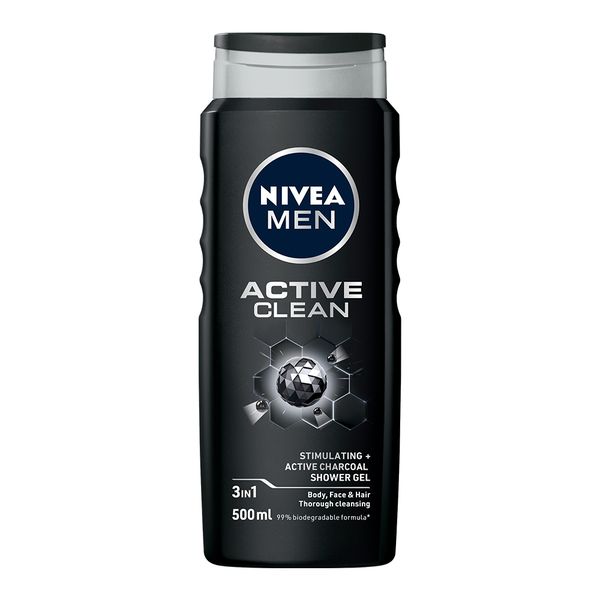 NIVEA MEN Active Clean 3in1 Shower Gel Wash with Active Charcoal, 500ml