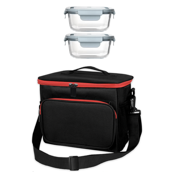 Thermal Insulated Lunch Cooler Bag with Strap + 2 x 500ml Glass Containers
