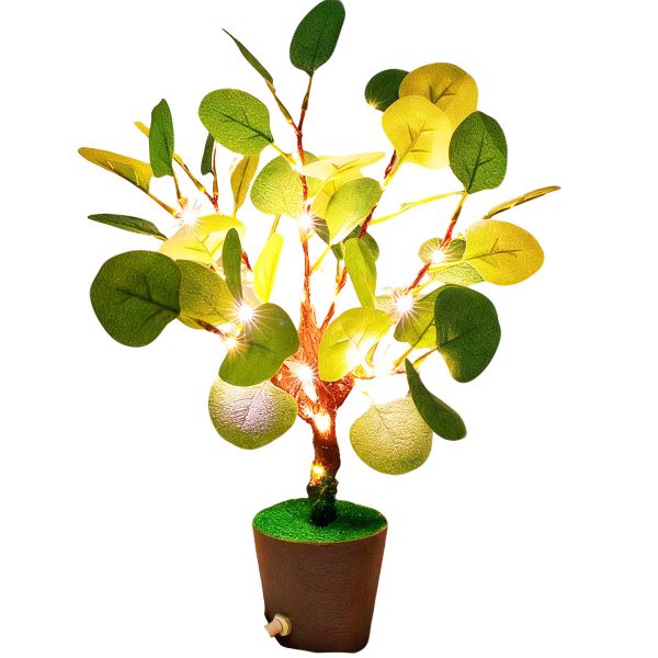 Artificial Plant Lights Faux Potted Greenery Fake Eucalyptus Leaf Desk Lamp