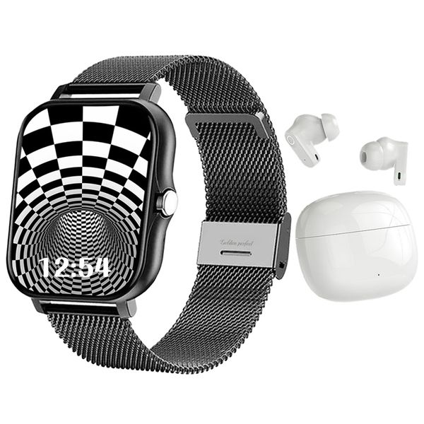 Men's Black Smartwatch &amp; Auto-Pair Bluetooth Earphones Set - Dual Strap