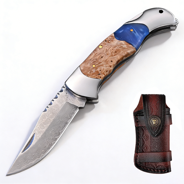 Steel Knife Wood Handle with Leather Sheath Damascus Folding Pocket Knife
