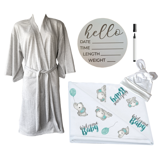 Hospital Set-Mom&amp;Me-Summer-Gown, Swaddle &amp; Birth Ann-Grey-Blue Ellie