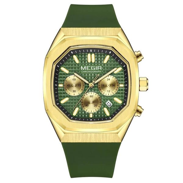 MEGIR - Waterproof Quartz Watch With Chronograph Sub-Dials - Gold &amp; Green