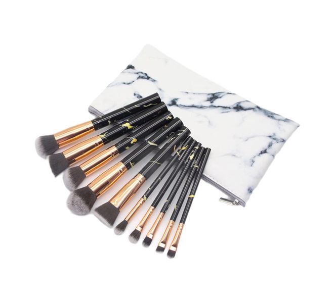 10 Piece Pro Makeup Brush Set With Marble Print Pouch