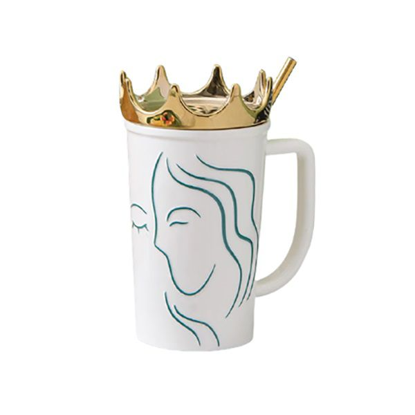560ml Woman Face Art Ceramic Mug With Gold Crown Lid And Straw Set - Black