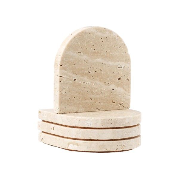 4 Pieces - Natural Travertine Arched Stone Coaster Set - Beige