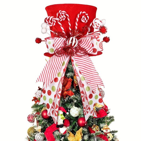 Red Straw Hat with Candy Cane for Christmas Tree Decor