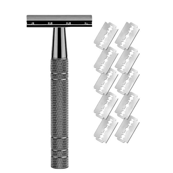 Double-edge safety razor with 10 blades, reusable shaving kit