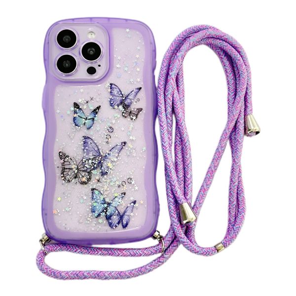 for iPhone 16 Pro Max Case, TPU Wave Shiny Butterfly Case with Lanyard