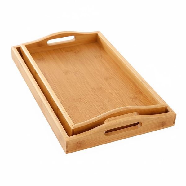 Bamboo Wood Tray With Handles Natural Wooden Serving Tray Set of 2