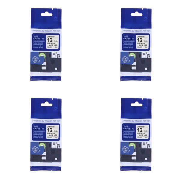 FTG TZ-231 Brother Label Tape Cartridge-Laminated Black On White-Pack Of 4