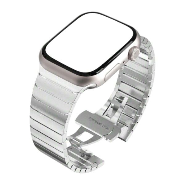 Stainless Steel Apple Compatible Watch Strap With Metal Bow Buckle Design-Silver Steel