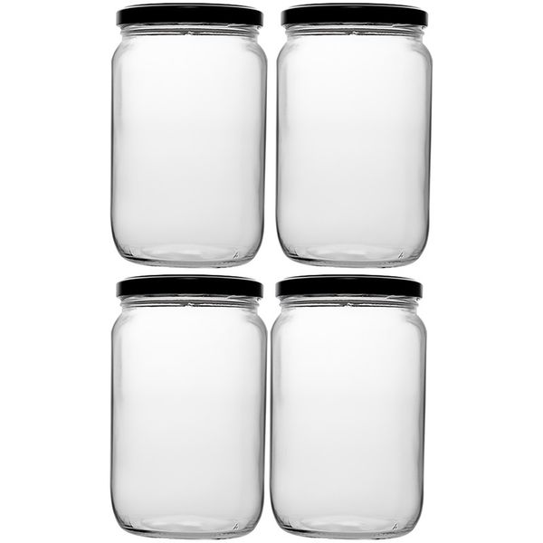 Regent Straight Sided Jar with Black Lid - 4 Pack - 720ml - 140x85mm Dia