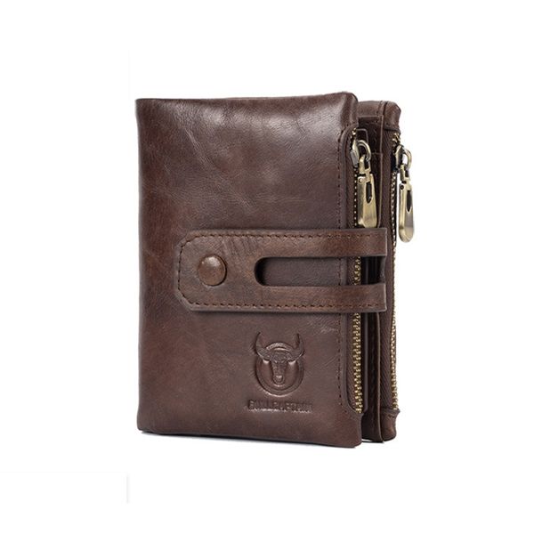 Bullcaptain Men's Double Zipper Bi Fold Leather Wallet