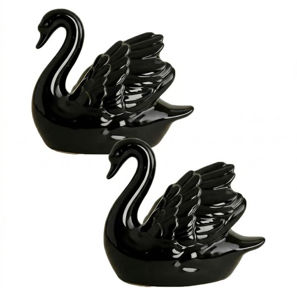 Decorative Ceramic Swan Toilet Bolt Covers - Set of 2, Black