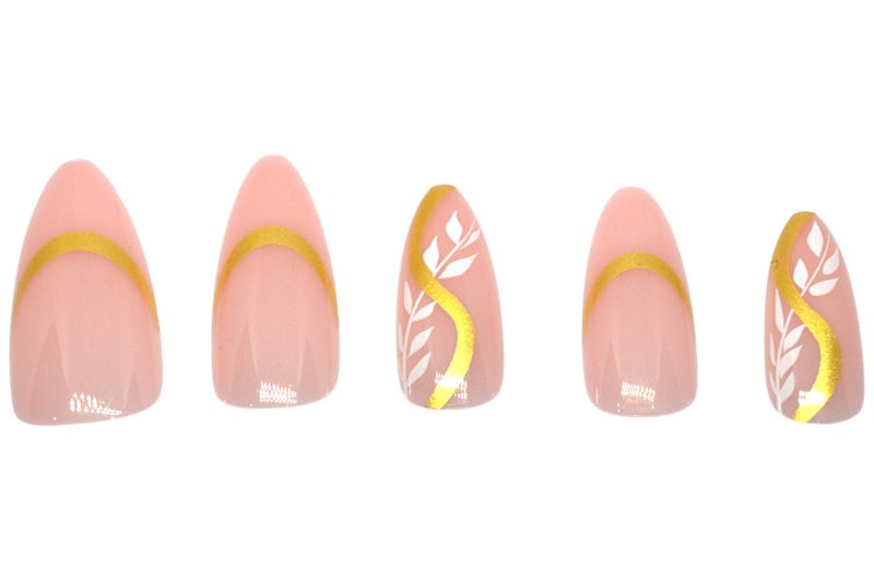 White Petal Almond Shape Nail Set with Gold Glitter Accent