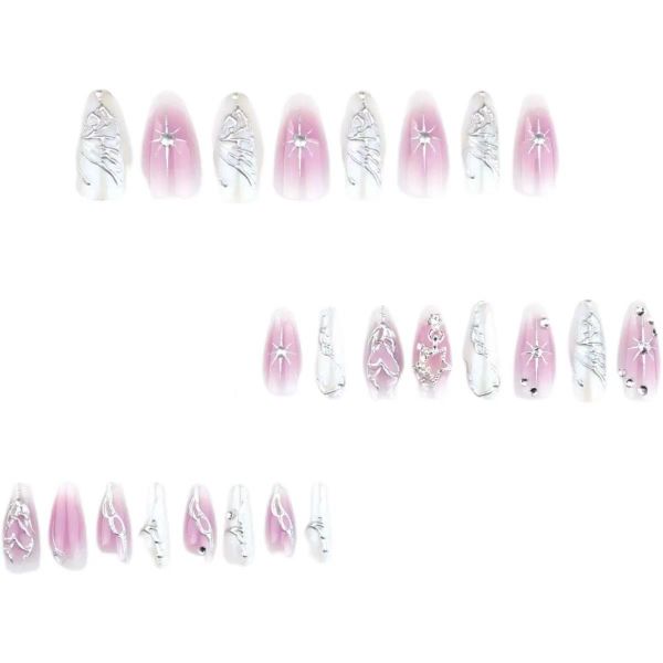 3D Silver Butterfly Star Press On Nails Medium Almond, Silver Cute