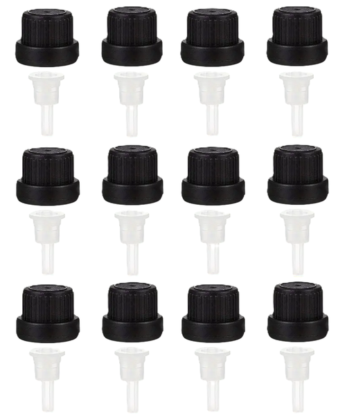12 x Amber Bottle Black Dropper Caps