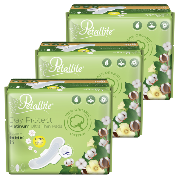 Petallite Organic Day Protect Platinum Ultra-Thin Pads (3 Packets X 8 Pads)