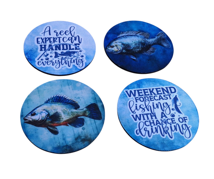 4-Piece Coaster Set with Rubber Backing - Fishing Quotes &amp; Fish