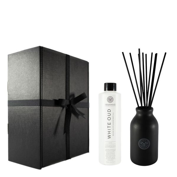 Set of White Oud Diffuser Refill 300ml + Black Ceramic + Black Reed Sticks