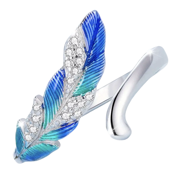 S925 Sterling Silver Sparkling Blue Feather Design Open Ring