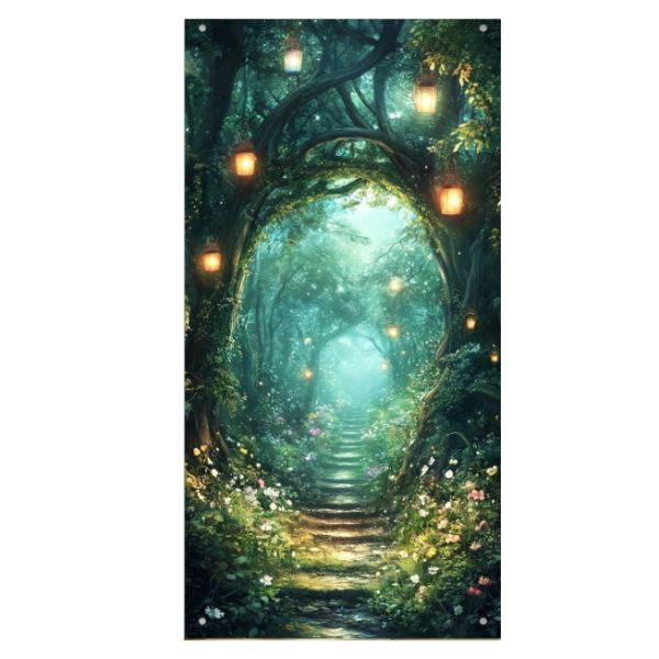 Magic Forest Tree Portal Door Tapestry - Lantern Lit Path