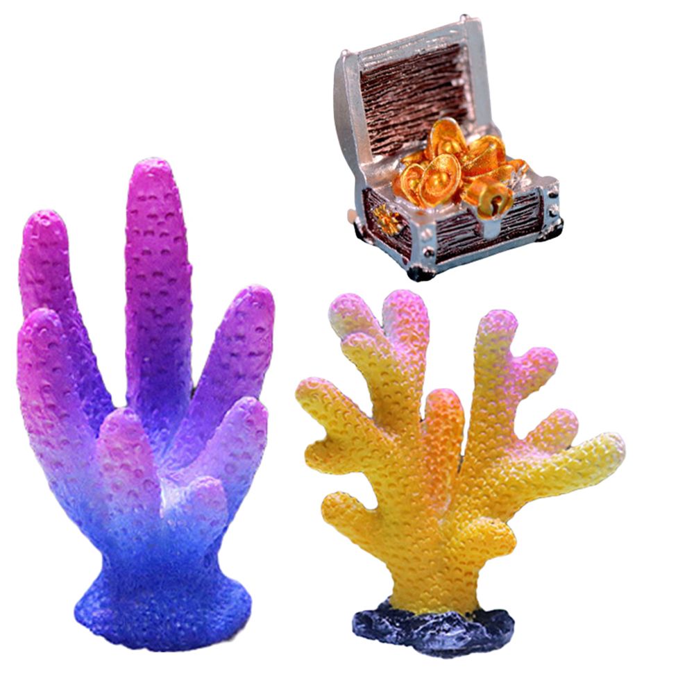 Pet Hobby Aquarium Artificial Resin Coral & Treasures Chest Set of 3 ...