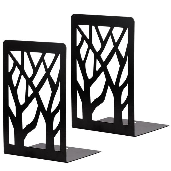 1 Pair Book Ends Heavy Duty Black Metal Bookends Tree of Life Design Stand