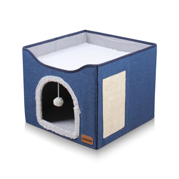 Indoor Foldable Cat Bed with Plush Ball Hanging and Scratching Pad