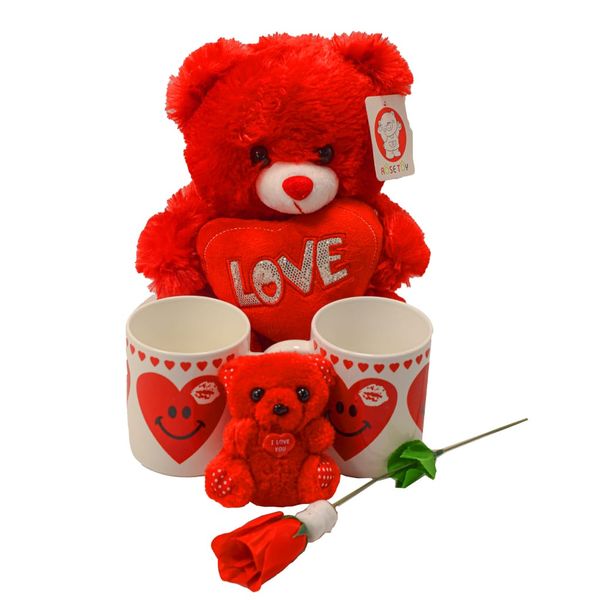 25cm &amp; Mini Red Teddy Bear ,Valentine's Day Couple Mugs &amp; Roses Set