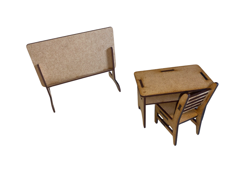Wooden Doll House Furniture School - Blackboard, Desk &amp; Chair Set