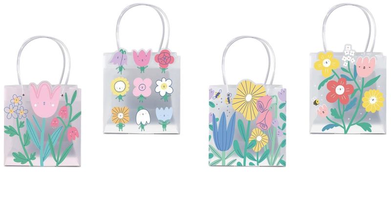 Set of 12 Transparent Gift Bags Decoratad with Flowers