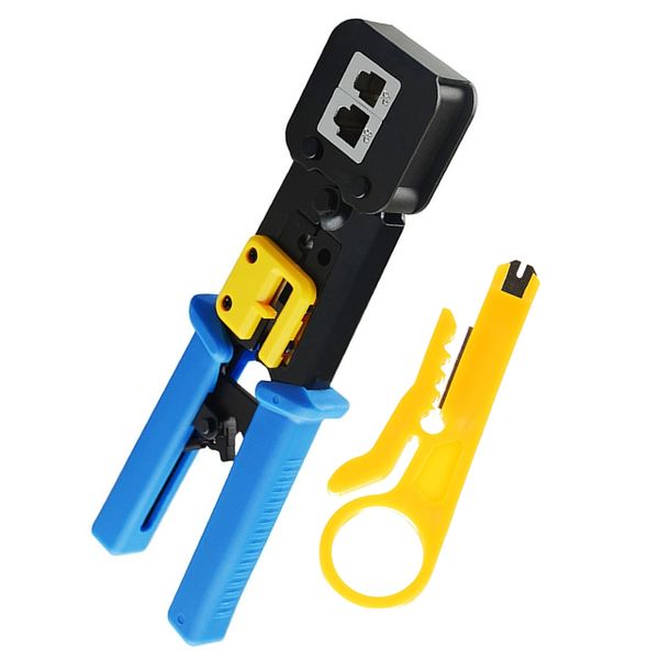 RJ45 Crimping Tool For Pass-Through Connectors With Extra Wire Stripper