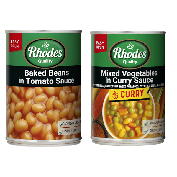 Rhodes - Baked Beans in Tomato Sauce + Mixed Vegetables In Curry 2 x 410g