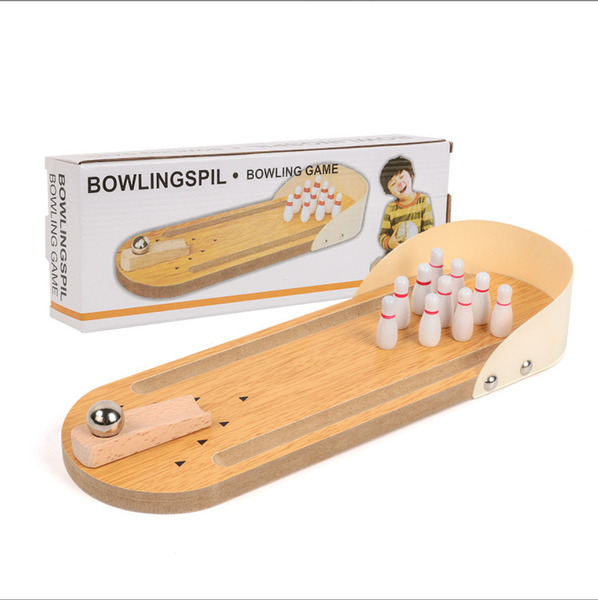 Mini Wooden Bowling Game Set with Launcher and Ten Pins - Tabletop Fun Toy