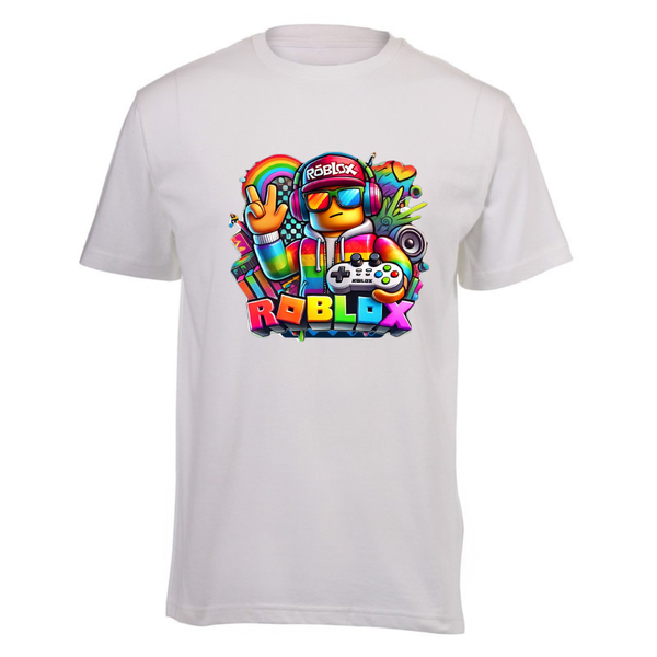 Kids White Cotton Regular Short Sleeve T-Shirt - Roblox Rainbow Boy