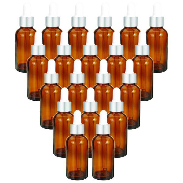 20 x 30ml Amber Glass Dropper Bottle With White &amp; Silver Pipette