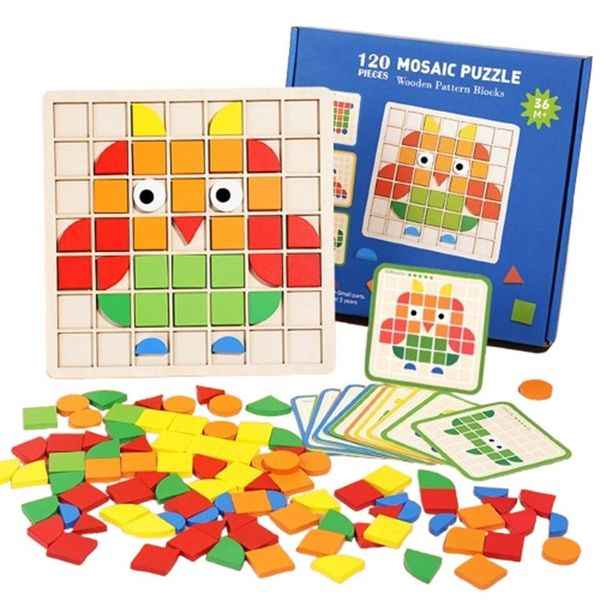 3D Puzzle 120 Piece Creative Mosaic Puzzle, Wooden Pattern Blocks Set