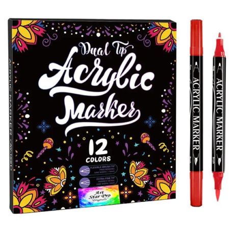 Art Star Pro Dual Tip 12 Set Brush / Fine Tip Premium Acrylic Paint Markers Image