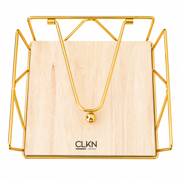 Gold Metal Napkin Holder with Natural Wooden Base